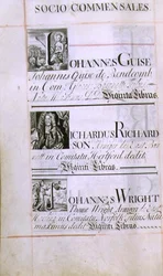 Arkiv 3693 f.60v Side med tre velgørere fra New College, Oxford; Johannes Guise, Richardus Richardson og Johannes Wright, fra en velsignelsesbog, 16812-84 (pen og blæk)