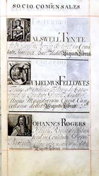 Arkiv 3693 f.63 Side med tre velgørere fra New College, Oxford; Halswell Tynte, Gulielmus Fellowes og Johannes Rogers, fra en Benefaction Book