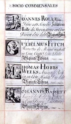 Arkiv 3693 f.65 Side med fire velgørere fra New College, Oxford; Joannes Rolle, Gulielmus Fitch, Thomas Hobbs Weeks og Johannes Bassett, fra en Benefaction Book