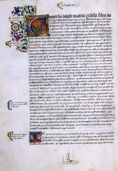 Arkiv 9432 f.17v Side med tekst med oplyst initial, fra Foundations Book of Robert Sherborne eller Shirburn (c.1450-1536) Biskop af Chichester (vellum)