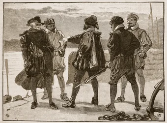 Arrestation af Sir Walter Raleigh, illustration fra Cassells Illustrated History of England (sepiafoto)