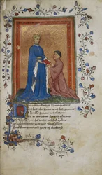 Arundel 38, f.37 Thomas Hoccleve esittelee kirjan Lancasterin prinssi Henrylle, kuvituksen teoksesta "De regimine principum"
