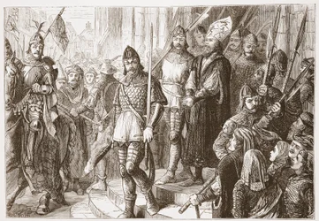 Da de førte ham ud af kirken.. begyndte han at synge, Credo in Unum Deum, illustration fra The History of Protestantism af James Aitken Wylie (1808-1890), pub. 1878