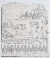 Assyrere flytter en vinget tyr på en slæde fra Nineve og dens rester af Austen Henry Layard (1817-94) udgivet 1849