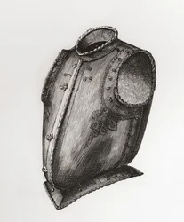 Ryg og brystplade, åbner foran, kendt som Waistcoat Breastplate, ca. 1580, fra The British Army: Its Origins, Progress and Equipment, udgivet 1868.