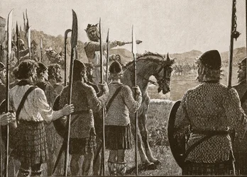 Bannockburn: Bruce gennemgår sine tropper før kamp, illustration fra Cassells Illustrated History of England (sepiafoto)