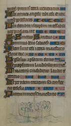 Bas-de-page scene, der viser Thomas Becket og ledsagere krydse kanalen i en båd, mens de rejser i eksil i Frankrig, illustration fra 