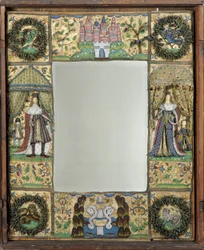 Perleværksspejl, ca. 1672-79 (silke-, metal- og lædertråde med glasperler og spangles på silke-satin slebet beklædt med eg)