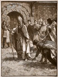 Becket før sine fjender i Council Hall i Northampton, illustration fra Cassells Illustrated History of England (sepia foto)