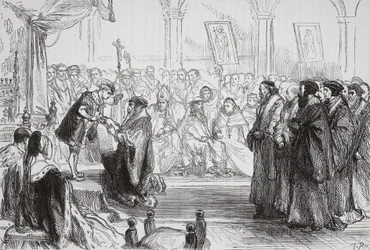 Beza præsenterer den franske protestantiske kirkes bekendelse for kongen ved Colloquy of Poissy, illustration fra The History of Protestantism af James Aitken Wylie (1808-1890), pub. 1878 (eng