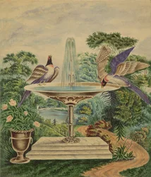Fugle i en fontæne i en landskabspark, ca. 1840 (wc på papir)