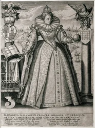 Bogfrontispice, der fejrer Dronning Elizabeths lykkelige og velstående regeringstid, 1596