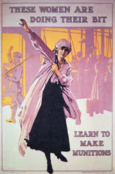 Britisk plakat fra Første Verdenskrig, der opfordrer kvinder til at arbejde på ammunitionsfabrikker, ca. 1914-18