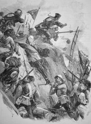 Britiske tropper stormer Taku-forterne i Kina i 1860 under opiumskrigene