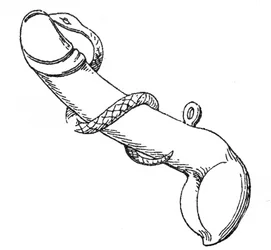 Bronzeamulet, der forestiller en fallus omkranset af en slange