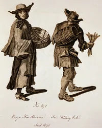 Køb en ny almanak! Fint skriveblæk!, illustration af gadesælgere omkring 1675