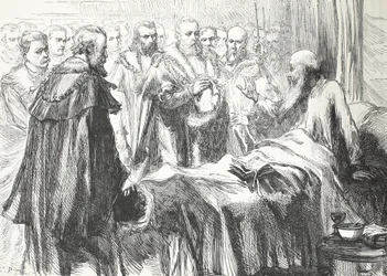 Calvin taler til Rådet for sidste gang, illustration fra The History of Protestantism af James Aitken Wylie (1808-1890), pub. 1878