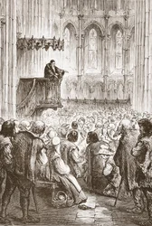 Calvin prædiker sin afskedsprædiken i forventning om forvisning, illustration fra The History of Protestantism af James Aitken Wylie (1808-1890), pub. 1878