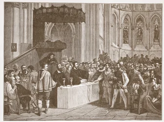Calvin afviser Lords Supper til Libertines, i St. Peters Cathedral, Geneve, illustration fra The History of Protestantism af James Aitken Wylie (1808-1890), pub. 1878