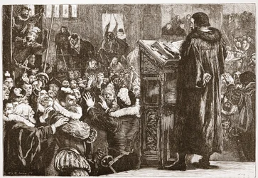 Calvin truet i kirken Rive, illustration fra The History of Protestantism af James Aitken Wylie (1808-1890), pub. 1878