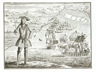 Kaptajn Bartholomew Roberts (1682-1722) med to skibe, Royal Fortune and Ranger sejler i Whydah Road på Guineys kyst, 11. januar 172?, fra A General History of the Robberies og Mu
