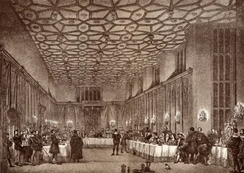 Kardinal Wolsey underholder de franske ambassadører i Hampton Court Palace, fra "History of Hampton Court Palace in Tudor Times" af Ernest Law, udgivet i London 1885