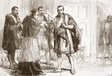 Kardinal de Tournon læser det protestantiske plakat til Francis I, illustration fra The History of Protestantism af James Aitken Wylie (1808-1890), pub. 1878