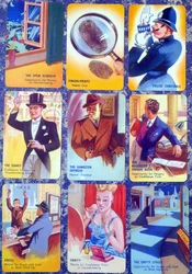 Kort til et engelsk mordmysterie-kortspil for familier, I Commit, ca. 1930