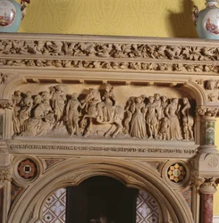 Udskåret pejs i salen, der viser Elizabeth I, der bliver mødt af jarlen af Hereford i 1591, 1500-tallet