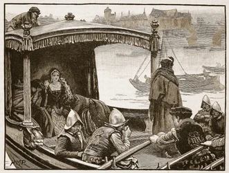 Catherine Howard bliver transporteret til Tower, illustration fra Cassells Illustrated History of England (sepia foto)
