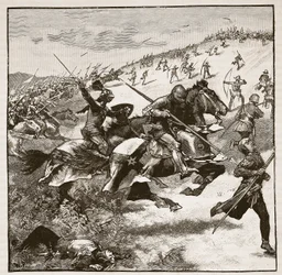 Anklagen for skotterne ved Homildon Hill, illustration fra Cassells Illustrated History of England (sepiafoto)