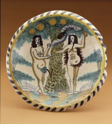 Oplader med den bibelske historie om Adam og Eva i Edens Have, ca. 1680 (tin-glaseret lertøj)