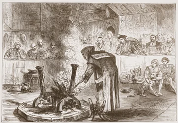 Charles ser The Play of the Masks, illustration fra The History of Protestantism af James Aitken Wylie (1808-1890), pub. 1878