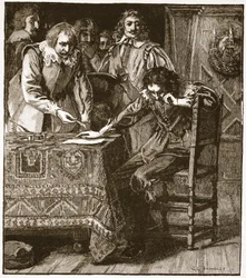 Charles underskriver samtykkekommissionen til Straffords Atainder, illustration fra Cassells Illustrated History of England (sepia-foto)