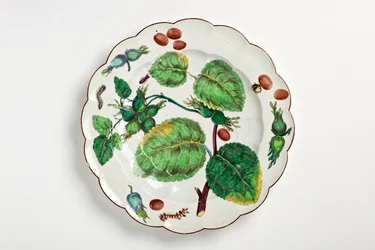 Chelsea tallerken dekoreret med botanisk illustration af nødder, insekter og blade, 1755 (porcelæn)