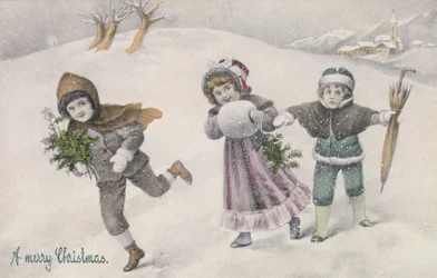 Børn i sneen, victoriansk postkort (print)