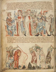 Kristus før Herodes og før Pilatus; Herodes vasker sine hænder; Kristi flagellering, Tilføj. 47682, f.30v, c.1320-30 (vellum)