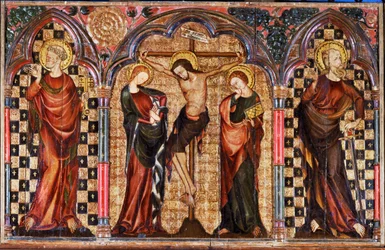 Kristus omgivet af Sankt Maria og Sankt Johannes Døber, fra korsfæstelsesalterets midterstykke (tempera på træ)