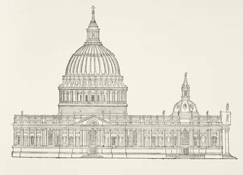 Christopher Wrens første design til den nye St. Pauls Cathedral efter den store brand i London, fra The National and Domestic History of England af William Hickman Smith Aubrey (1858-1916) udgivet L