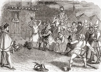 Hanekastning, også kendt som haneskræmning eller kast efter haner, fra Old England: A Pictorial Museum, udgivet 1847