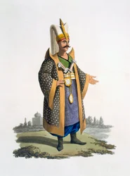 Janitsjarernes oberst med juveler og dolke, 1818 (farvet akvatint)