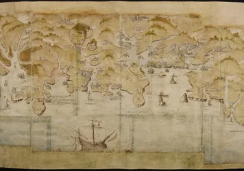 Bomuld Augustus I. i. 38 Kort over kysten mellem Fowey og Salcombe, inklusive Plymouth. En del af et panoramakort over kysten fra Lands End til Exmouth, ca. 1539 (blæk og farve på vellum)
