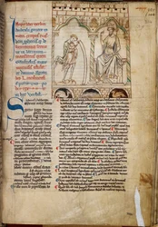 Cotton Claudius B. VII, f.224 Drengen Merlin profeterer før kong Vortigern, illustration fra 