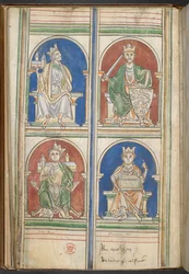 Bomuld Claudius D VI f.9v Fire konger af England: Henry II, Richard I, John and Henry III fra The Kings of England fra Brutus til Henrik III, af Matthew Paris, c.1250-59 (vellum)