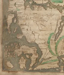 Cotton Tiberius B.V, del 1, f.56v The Tiberius Map, Mappa Mundi, detalje af Vesteuropa og de britiske øer (vellum)