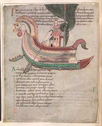 Cotton Tiberius B. V, Del 1, f.40v, Et skib, med tårn og et slangehoved (vellum)