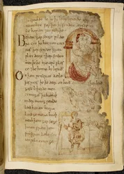 Cotton Vitellius A. XV f.106r, En mand, der sidder på en pude under en bue; to catini, åbenmundede bæster som hunde; en klædt mand med en stav, der rækker hånden ud til en anden mand, illustration fra Beowulf, fra 