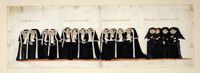 grevinder assistenter; Grevinder og Viscountesser; jarlenes og baronessernes døtre; Ærespiger og af Geheimekammeret. Del af begravelsesoptoget af dronning Elizabeth I til Westminster Abbey, 28. april 1603