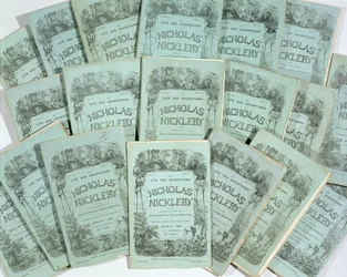 Forsider fra de månedlige udgaver af The Life and Adventures of Nicholas Nickleby af Charles Dickens (1812-70), udgivet i 1839 (se 136075)