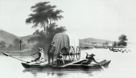 Krydsning af Platte Mouth of Deer Creek, fra Exploration and Survey of the Valley of the Great Salt Lake of Utah af Howard Stansbury, udgivet 1852